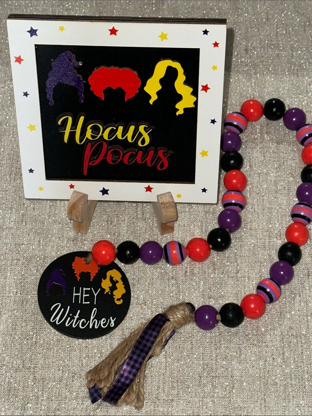 Hocus Pocus Witch Framed Wood Sign w/ Easel & Hey Witches Hanging Bead Lot
